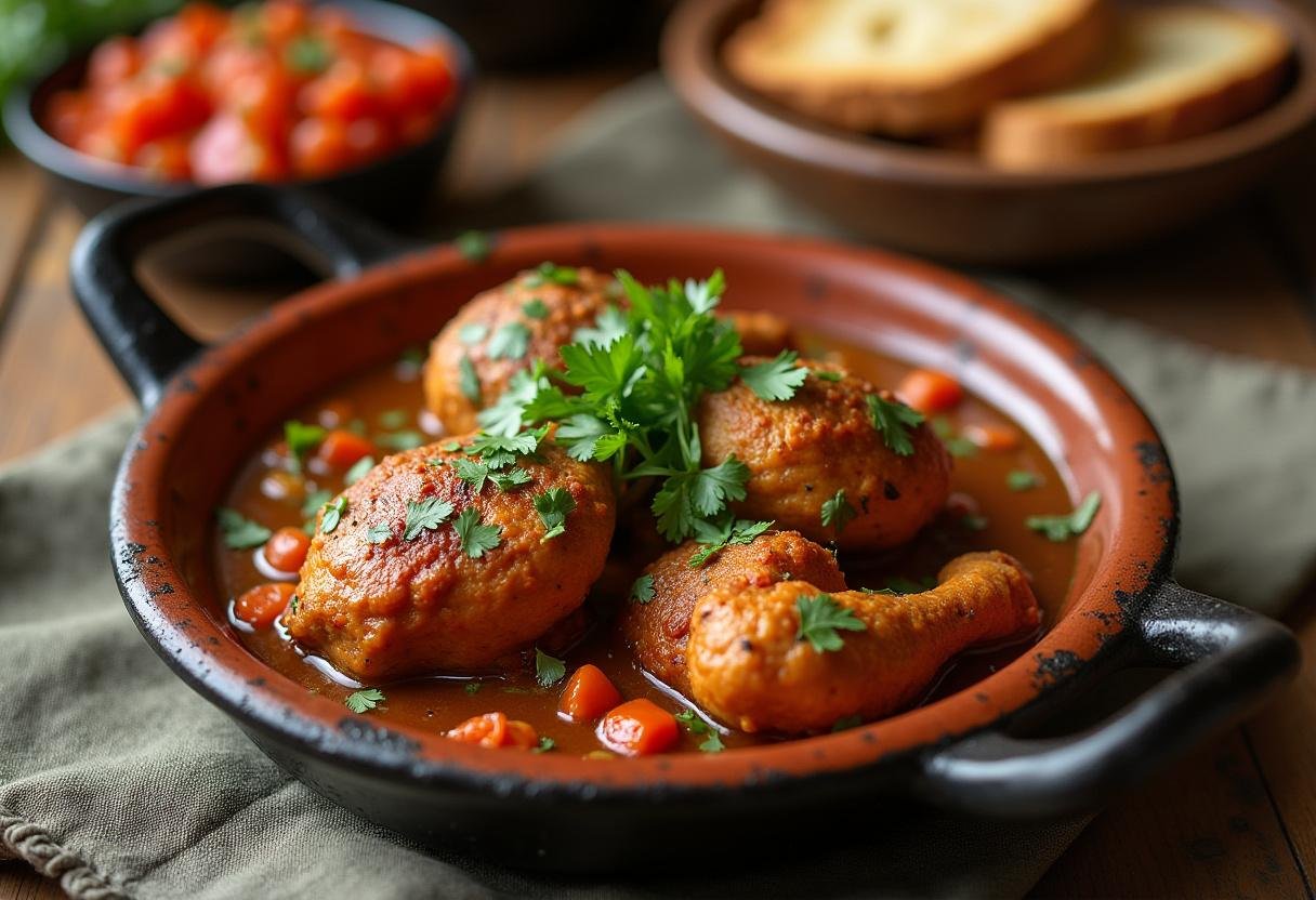 Tajine de poulet aux olives et au citron confit, plat final magnifiquement présenté sur une table rustique entourée de pain croustillant.