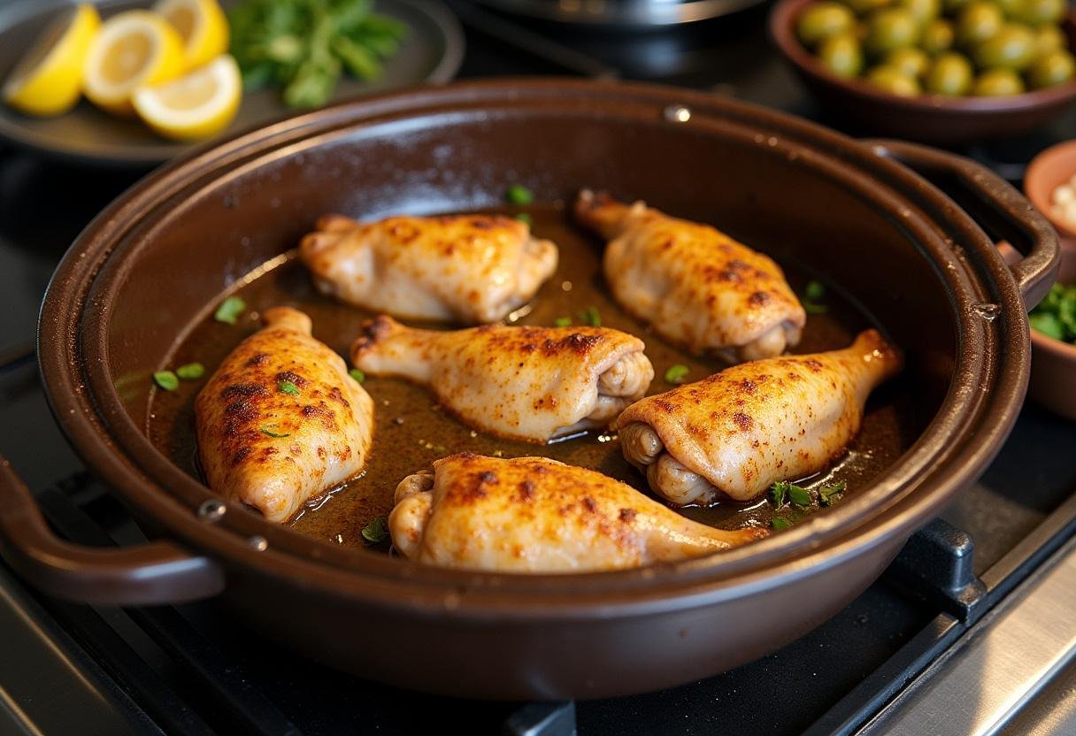 Cuisson du poulet au citron confit et olives dans un plat à tajine, la viande dorée et appétissante sur la cuisinière.