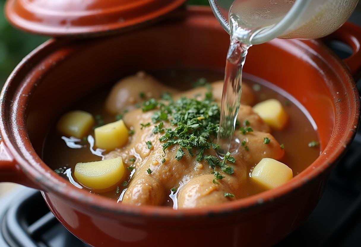 Ajout d'oignons et d'ail au poulet aux citrons confits et olives, créant une vapeur aromatique dans le plat à tajine.