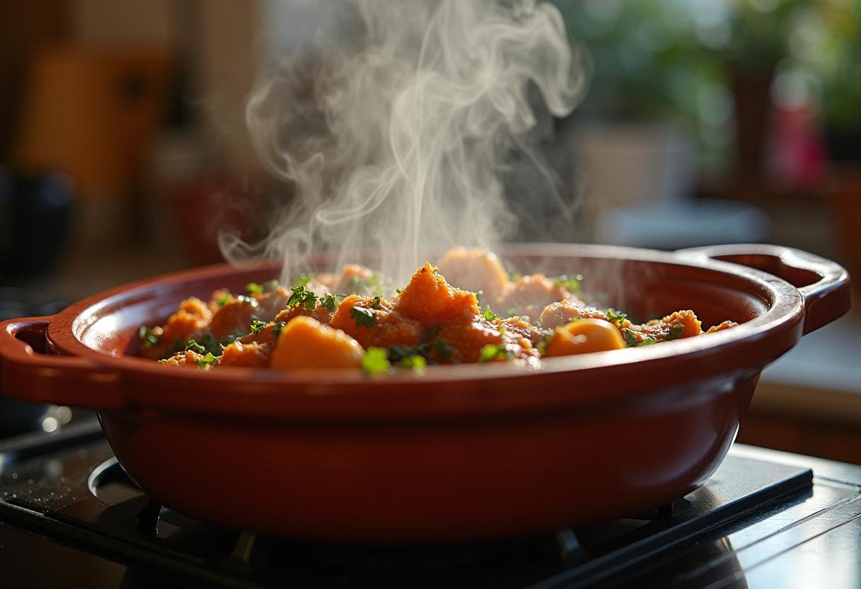 Tajine de poulet au citron confit et olives en train de mijoter, une ambiance parfumée dans la cuisine familiale.