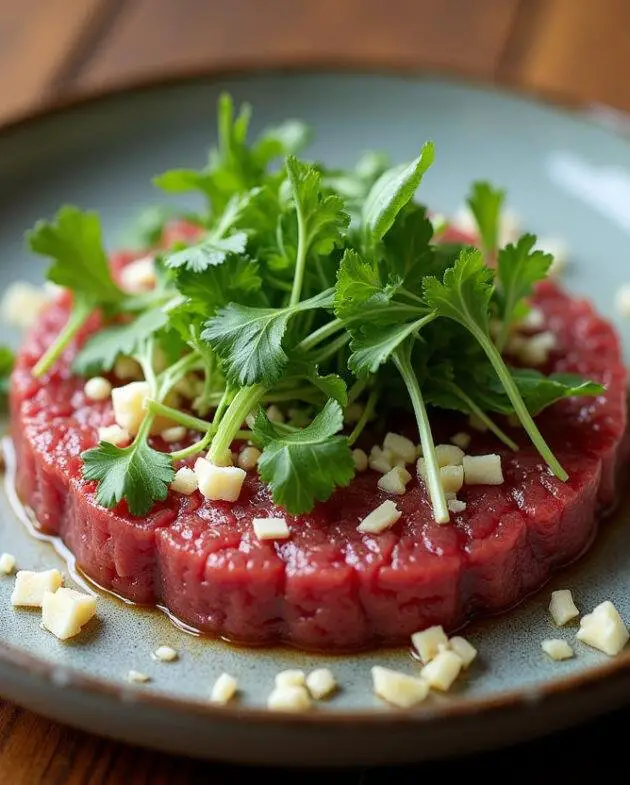 Tartare de boeuf à l'italienne parfaitement présenté sur une table rustique avec des couleurs éclatantes.