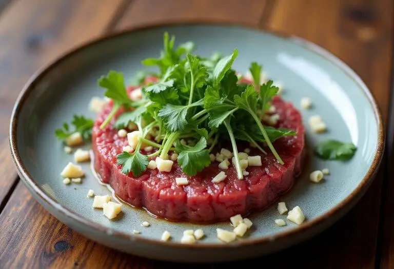 Tartare de boeuf à l'italienne parfaitement présenté sur une table rustique avec des couleurs éclatantes.