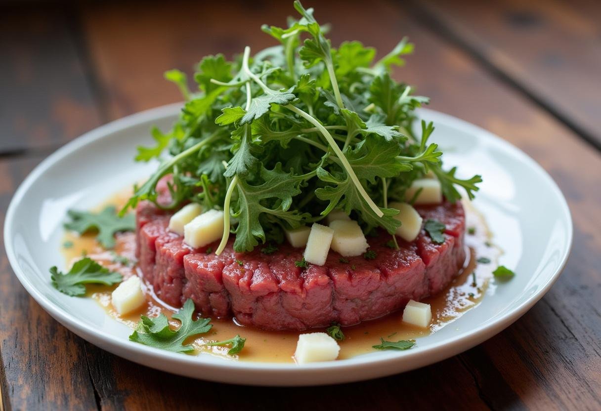 Tartare de boeuf à l'italienne parfaitement présenté sur une table rustique avec des couleurs éclatantes.