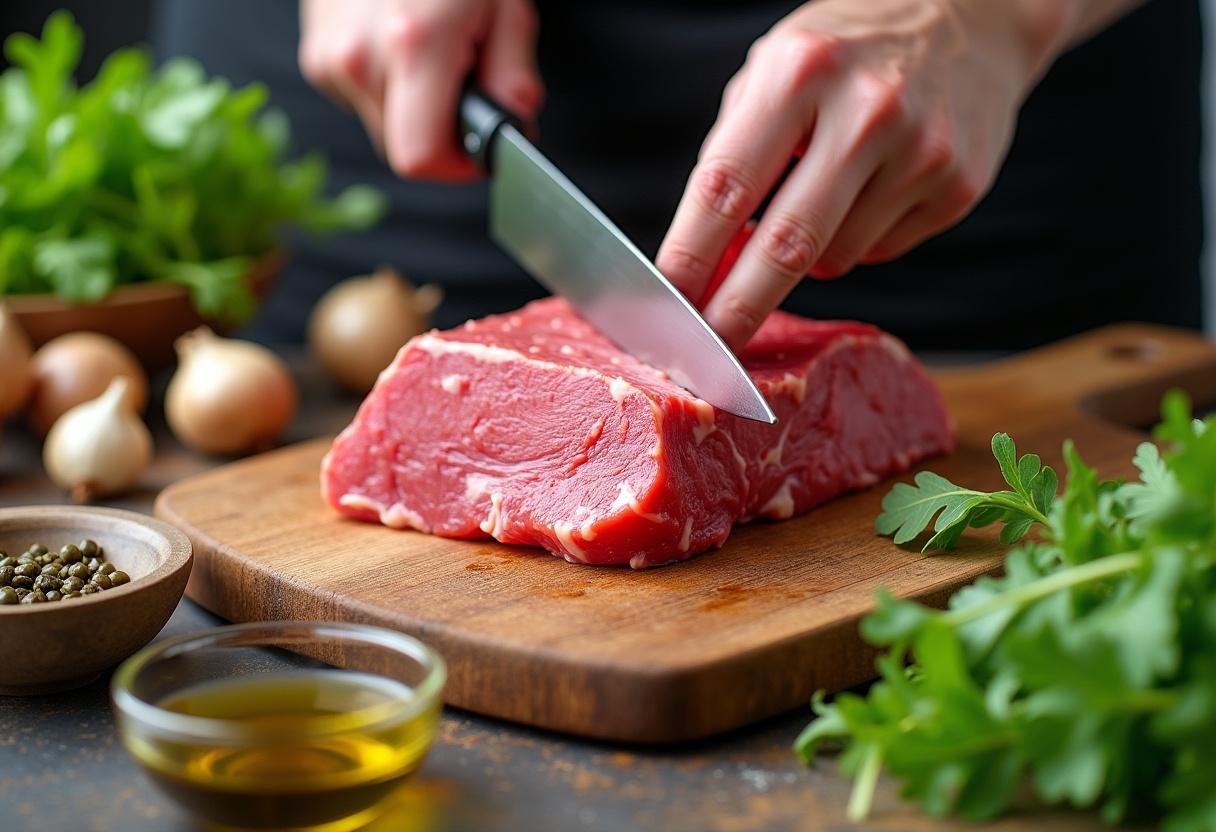 Préparation du tartare de boeuf à l'italienne avec du boeuf frais et des ingrédients colorés.