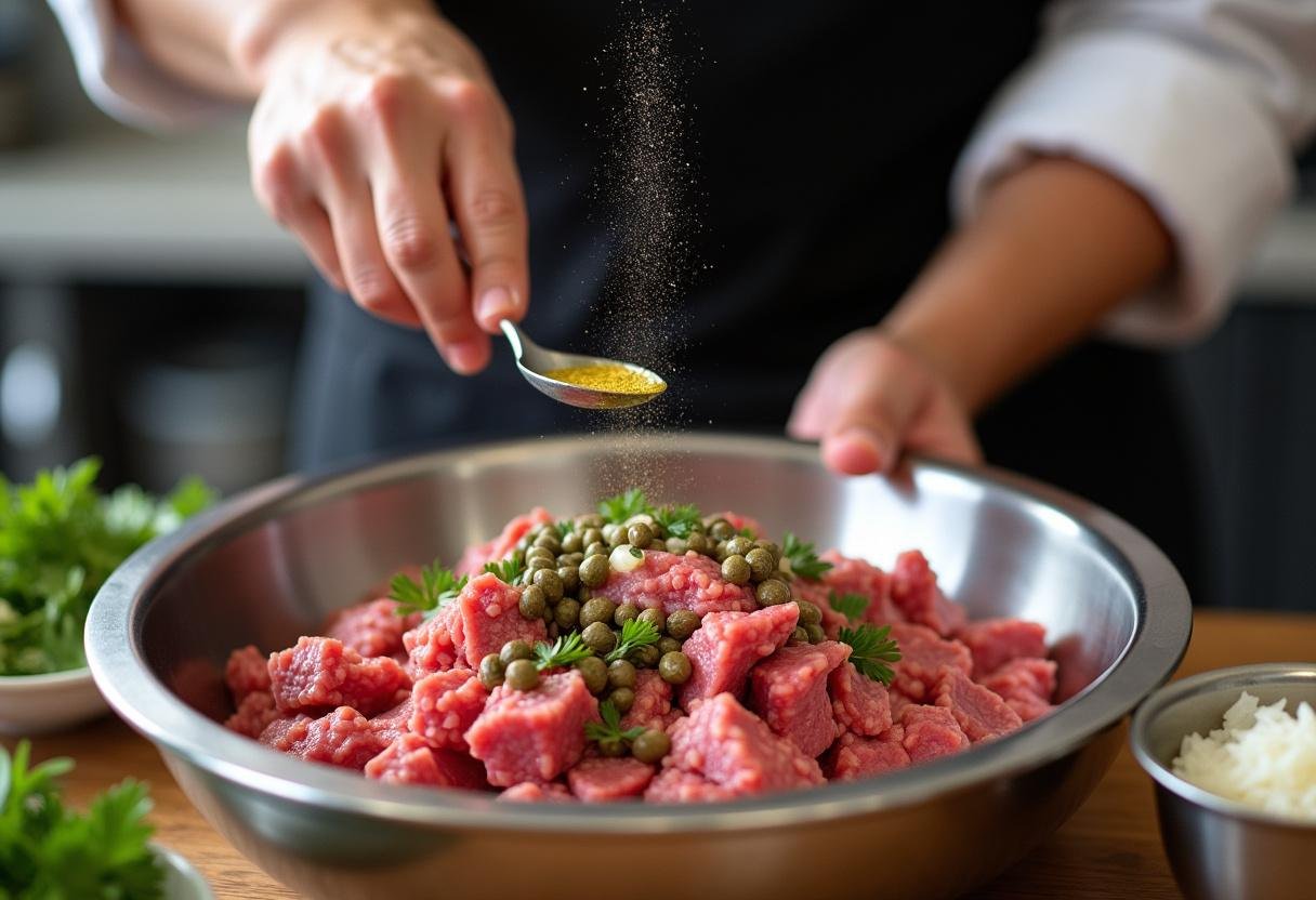 Mélange des ingrédients pour la recette tartare de boeuf à l'italienne dans un bol en acier inoxydable.