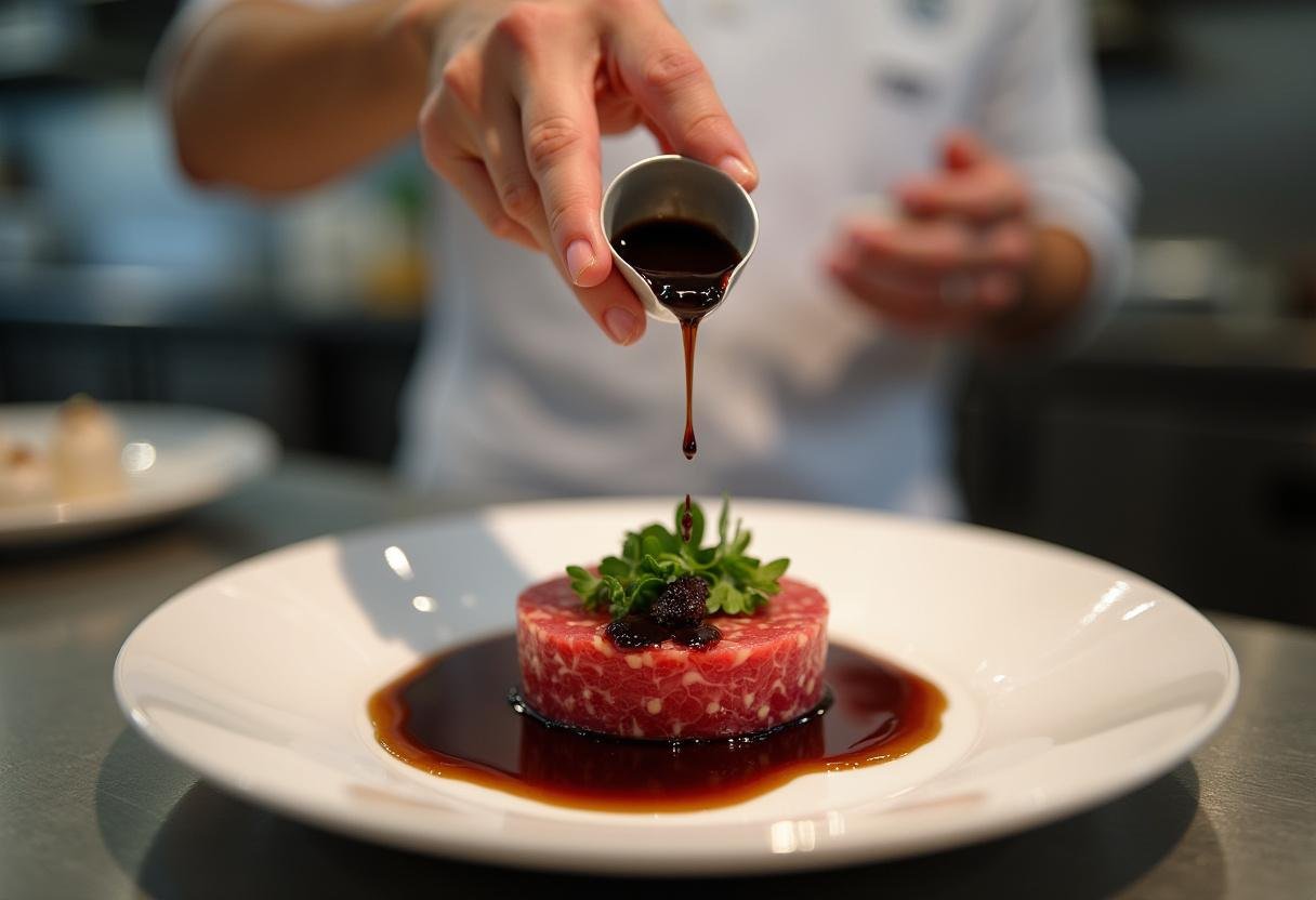 Ajout de la réduction balsamique sur le tartare boeuf recette pour une touche finale élégante.