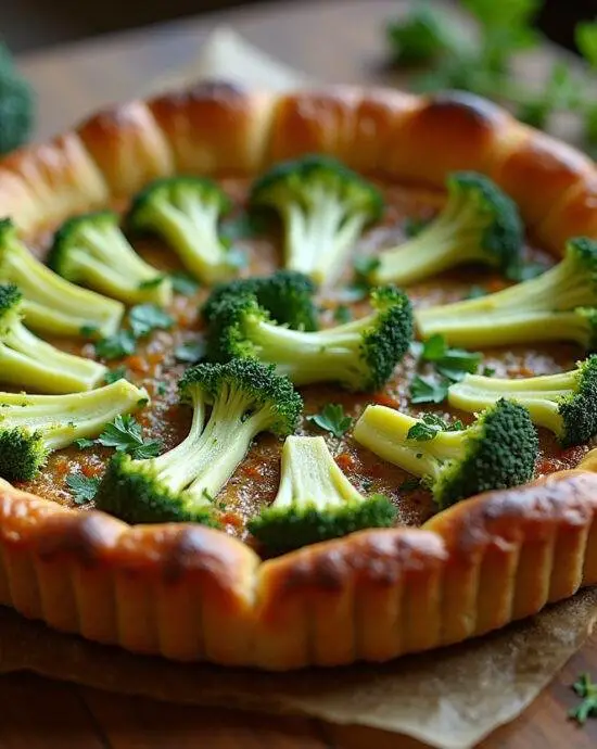 Tarte aux brocolis et au chèvre végétarienne parfaitement cuite, décorée d'herbes fraîches sur une table en bois.