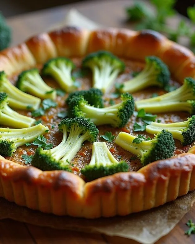 Tarte aux brocolis et au chèvre végétarienne parfaitement cuite, décorée d'herbes fraîches sur une table en bois.