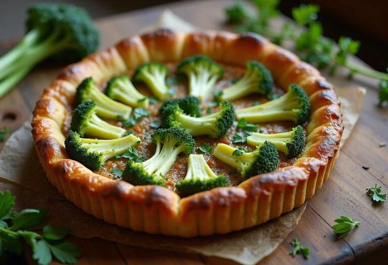 Tarte aux brocolis et au chèvre végétarienne parfaitement cuite, décorée d'herbes fraîches sur une table en bois.