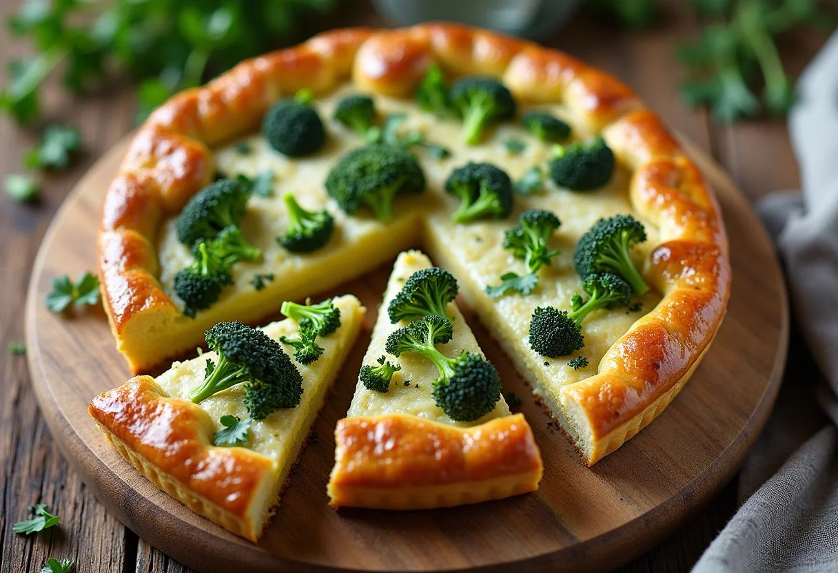Tarte aux brocolis et au chèvre végétarienne parfaitement cuite, décorée d'herbes fraîches sur une table en bois.