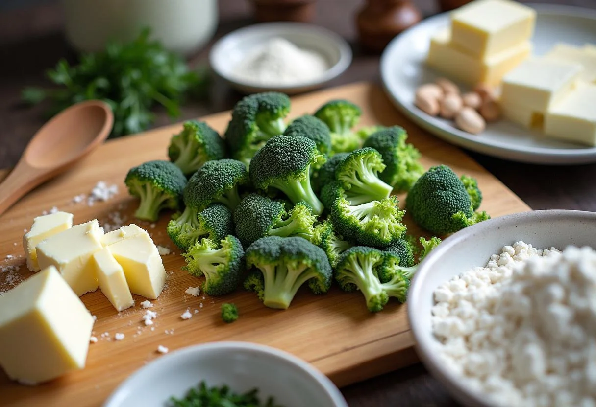Préparation d'une tarte aux brocolis et au chèvre avec du brocoli frais, fromage de chèvre, et ingrédients autour.
