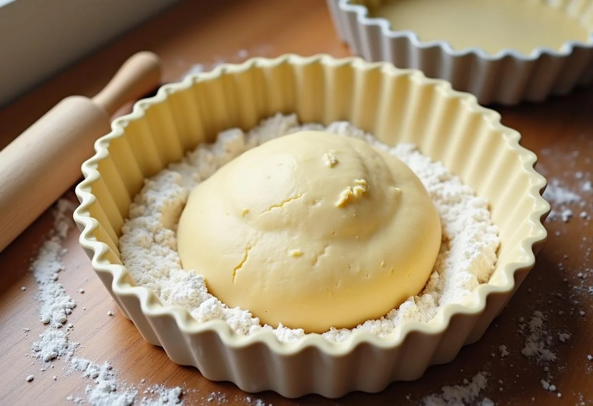 Préparation de la pâte pour la tarte aux brocolis et au chèvre avec un bol de mélange et un rouleau à pâtisserie.