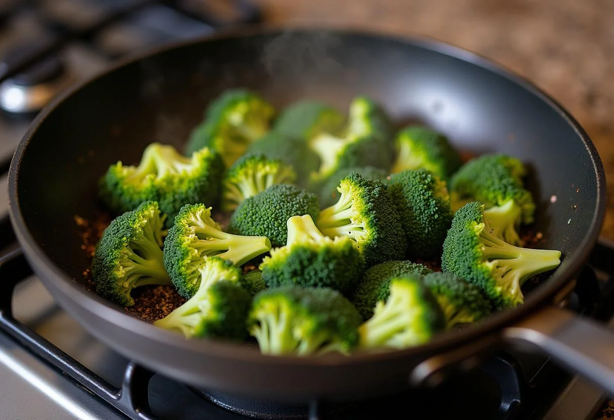 Brocoli sautéé pour la tarte aux brocolis et au chèvre, montrant une poêle avec du brocoli et des épices.