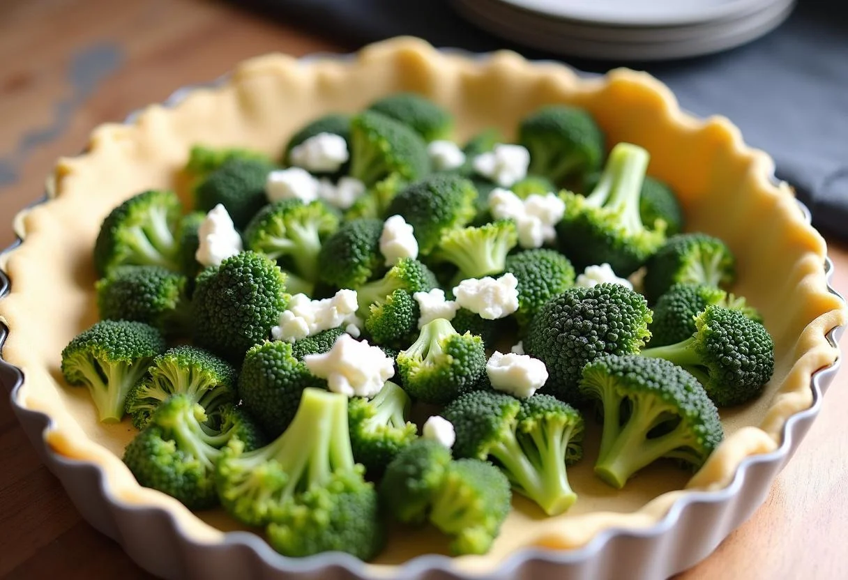 Tarte aux brocolis et au chèvre prête à cuire, montrant le brocoli et le fromage de chèvre sur la pâte.