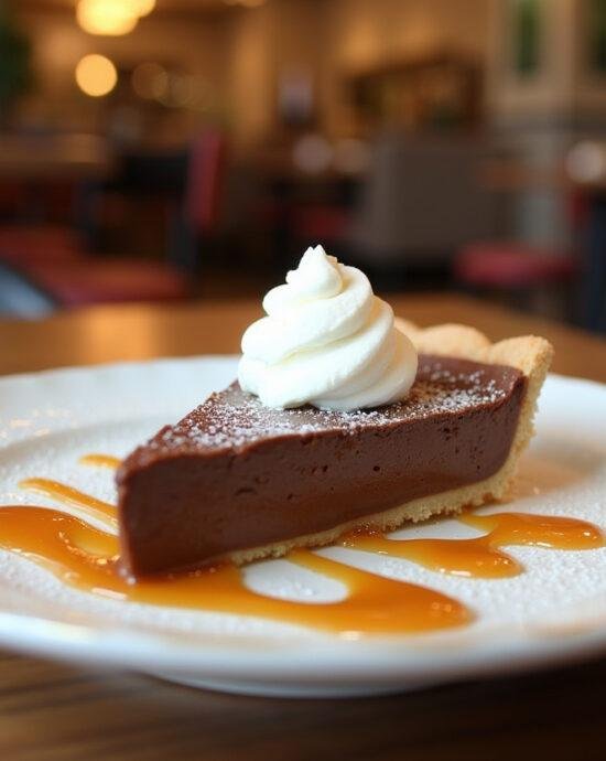 Une part de tarte chocolat caramel coulant présentée avec le coulis de caramel et de la crème fouettée, dans une ambiance de café chaleureuse.