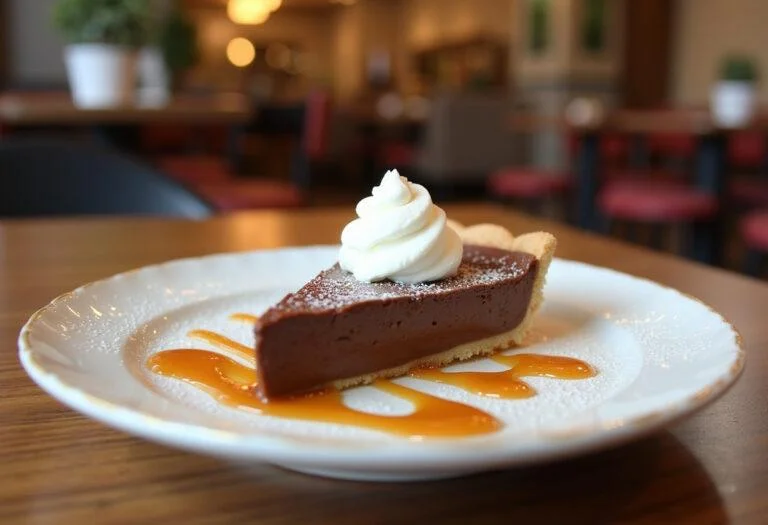 Une part de tarte chocolat caramel coulant présentée avec le coulis de caramel et de la crÚme fouettée, dans une ambiance de café chaleureuse.