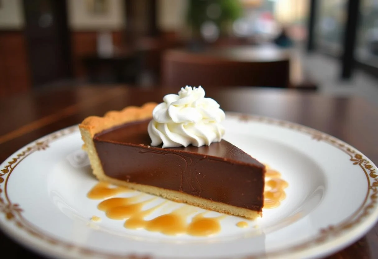 Une part de tarte chocolat caramel coulant présentée avec le coulis de caramel et de la crÚme fouettée, dans une ambiance de café chaleureuse.