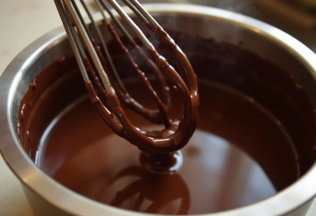 Mélange de chocolat noir et de beurre dans un bol, préparation pour une tarte chocolat et caramel, fondant et riche en saveurs.