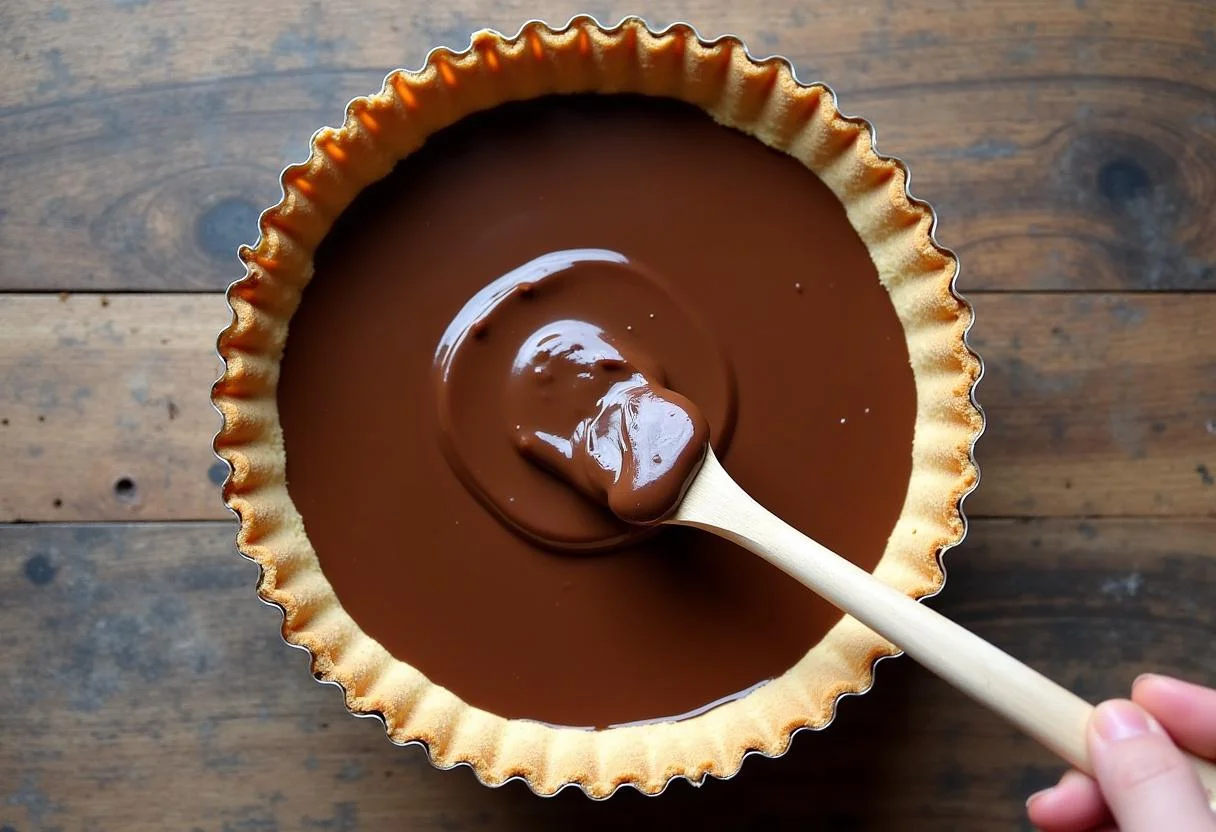 Tarte au chocolat caramel, remplie d'un mĂ©lange chocolat-caramel, avec une texture lisse et crĂ©meuse, prĂȘte Ă ĂȘtre cuite.