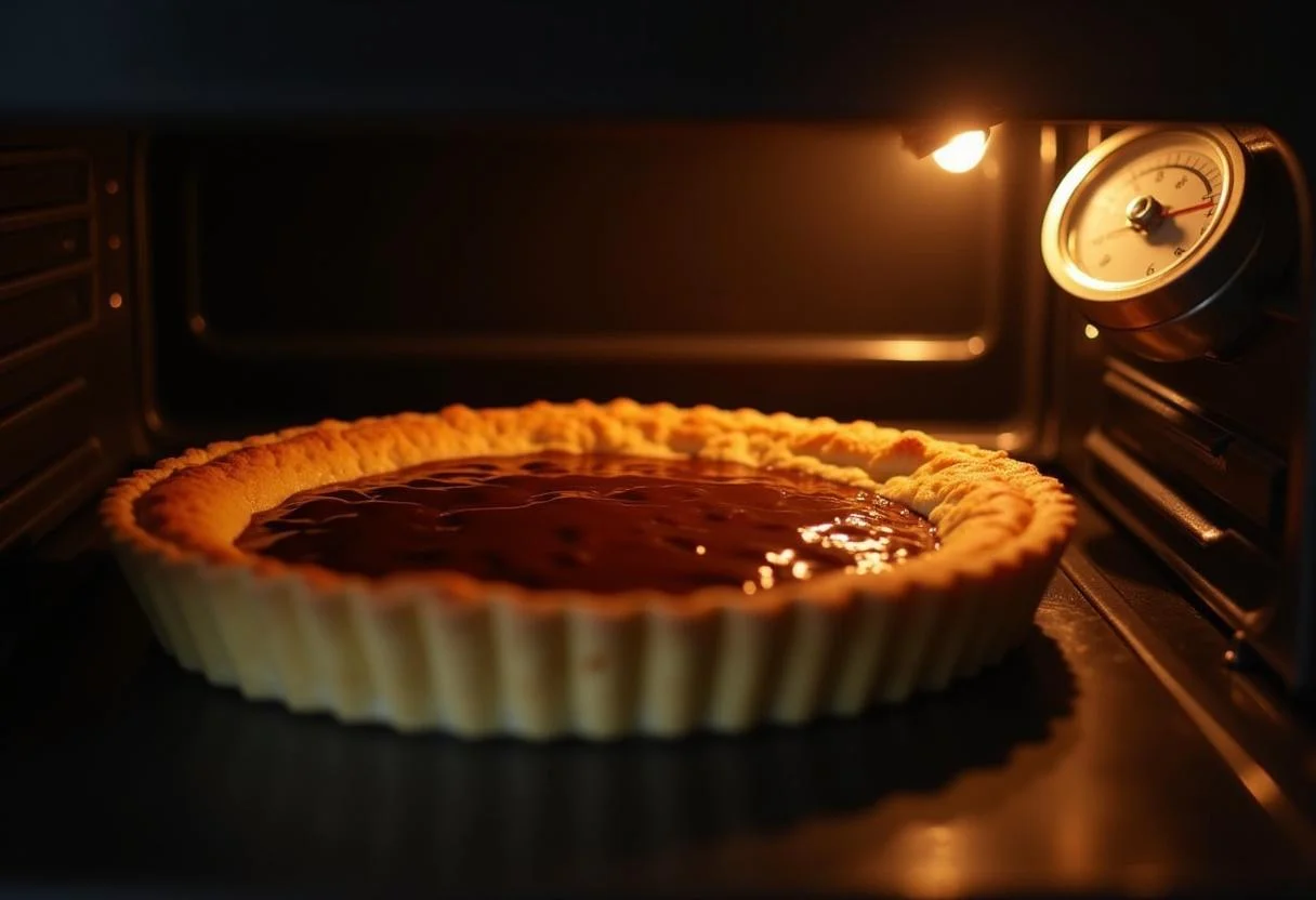 Tarte caramel et chocolat cuisant au four, avec une croûte dorée et une garniture qui pétille, montrant le processus de cuisson.