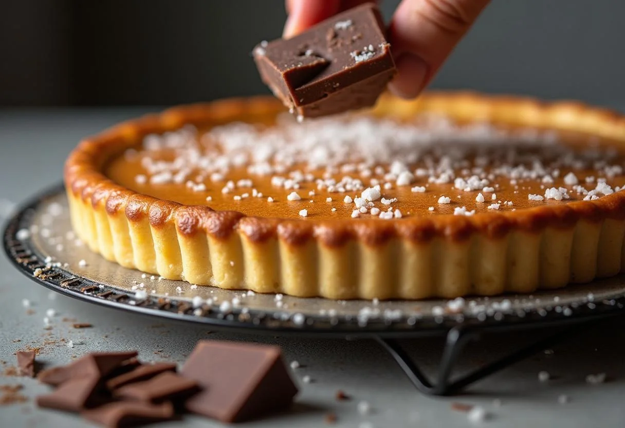 Tarte chocolat et caramel refroidissant sur une grille, garnie de sel de mer et de copeaux de chocolat, prĂȘte Ă ĂȘtre servie.