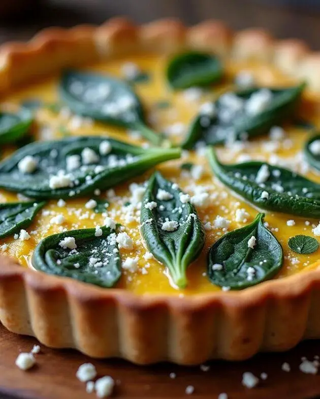 Présentation d'une tarte aux épinards et ricotta dorée et savoureuse, idéale pour une délicieuse dégustation.