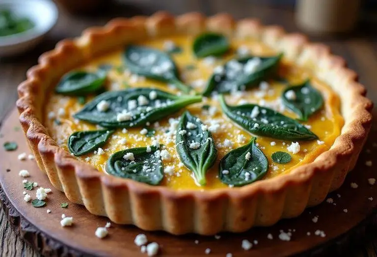 Présentation d'une tarte aux épinards et ricotta dorée et savoureuse, idéale pour une délicieuse dégustation.