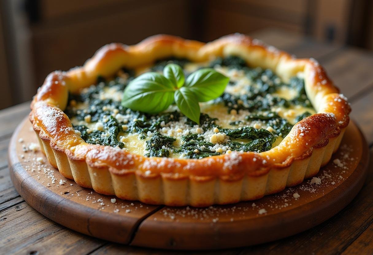 Présentation d'une tarte aux épinards et ricotta dorée et savoureuse, idéale pour une délicieuse dégustation.
