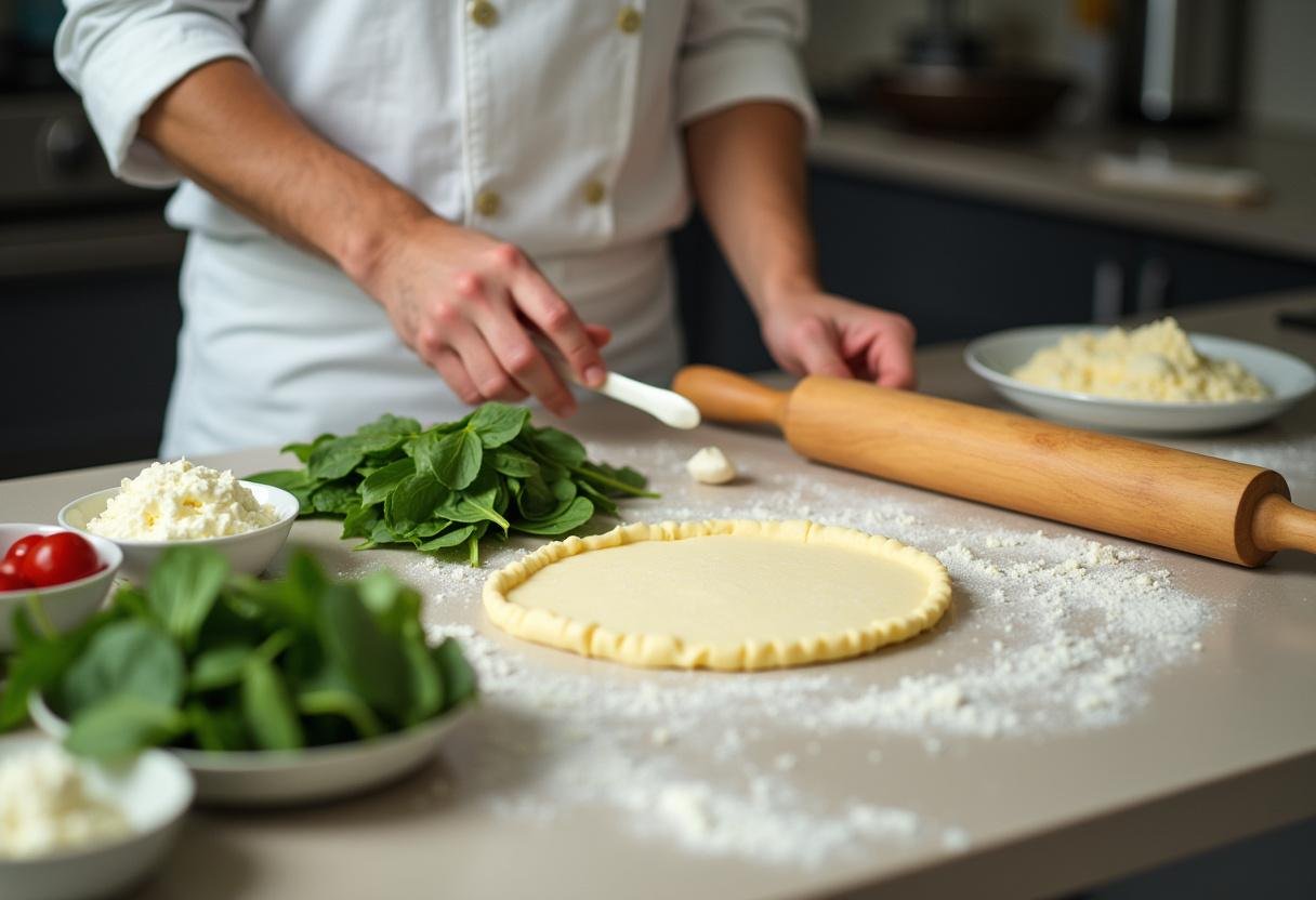 Préparation d'une tarte aux épinards et ricotta avec des épinards frais et du fromage ricotta sur un plan de travail.