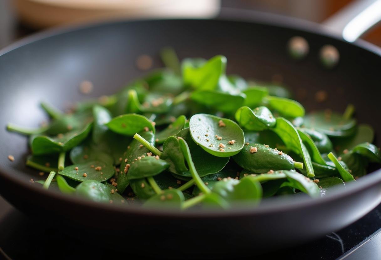 Cuisson des épinards frais pour la tarte aux épinards et ricotta dans une grande poêle, créant une base savoureuse.