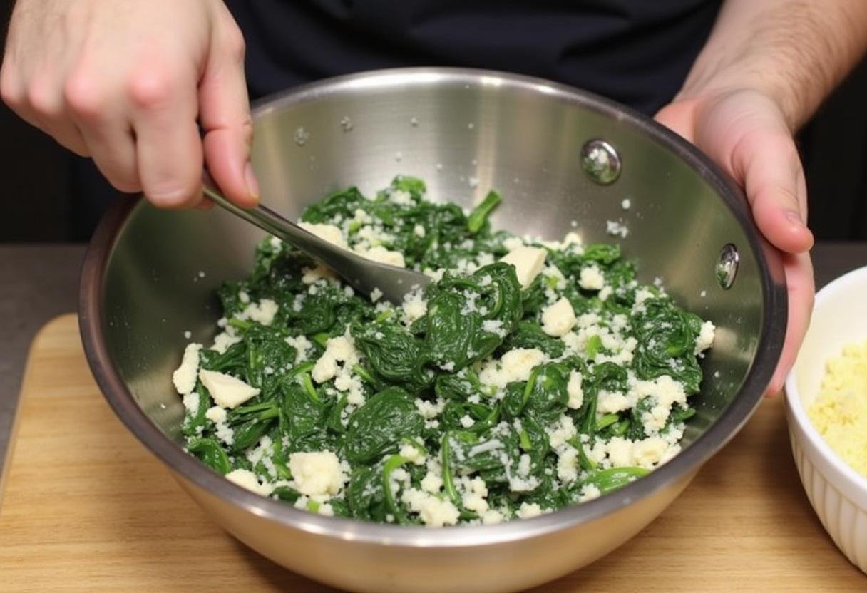 Mélange des épinards cuits avec du fromage ricotta pour la garniture de la tarte aux épinards et ricotta, assurant une texture crémeuse.