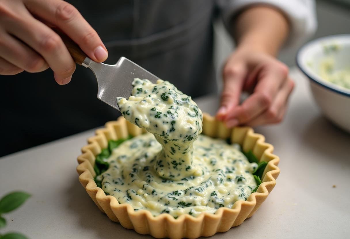 Remplissage de la croûte de tarte avec le mélange d'épinards et de ricotta pour créer une délicieuse tarte aux épinards et ricotta.