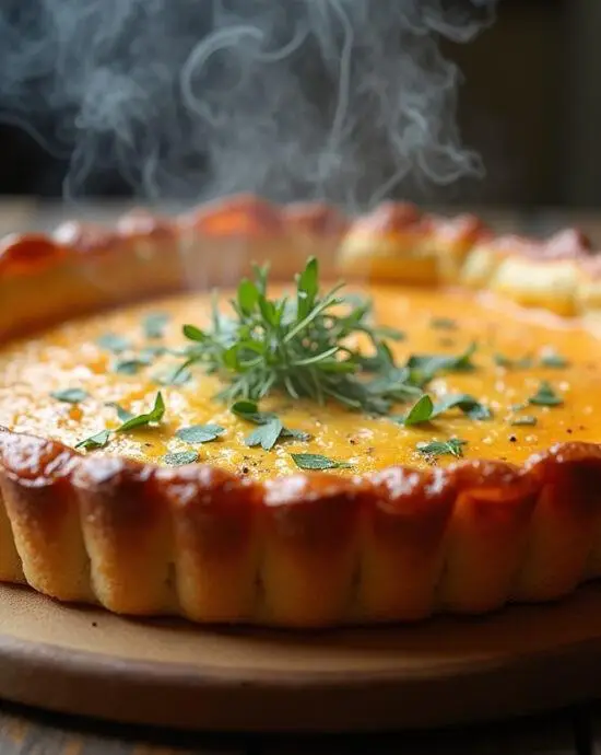 Présentation de la tarte fondante saumon poireaux, dorée et feuilletée, garnie d'herbes fraîches, sur une table en bois rustique.