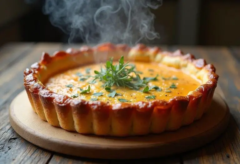 Présentation de la tarte fondante saumon poireaux, dorée et feuilletée, garnie d'herbes fraîches, sur une table en bois rustique.