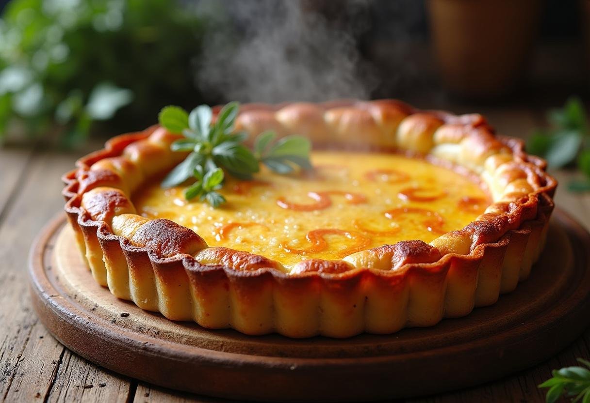 Présentation de la tarte fondante saumon poireaux, dorée et feuilletée, garnie d'herbes fraîches, sur une table en bois rustique.