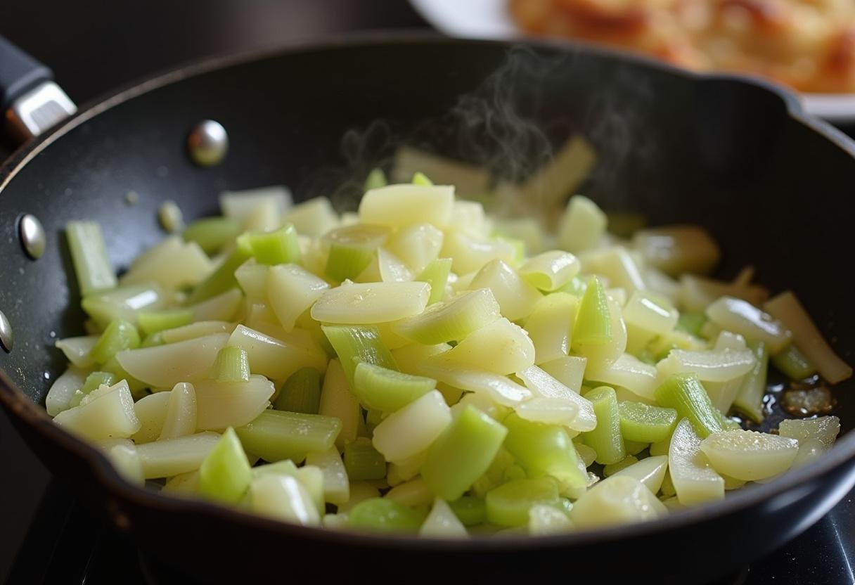 Sauté de poireaux tranchés dans une poêle avec du beurre, créant une délicieuse odeur de cuisson pour la quiche au saumon et poireaux.