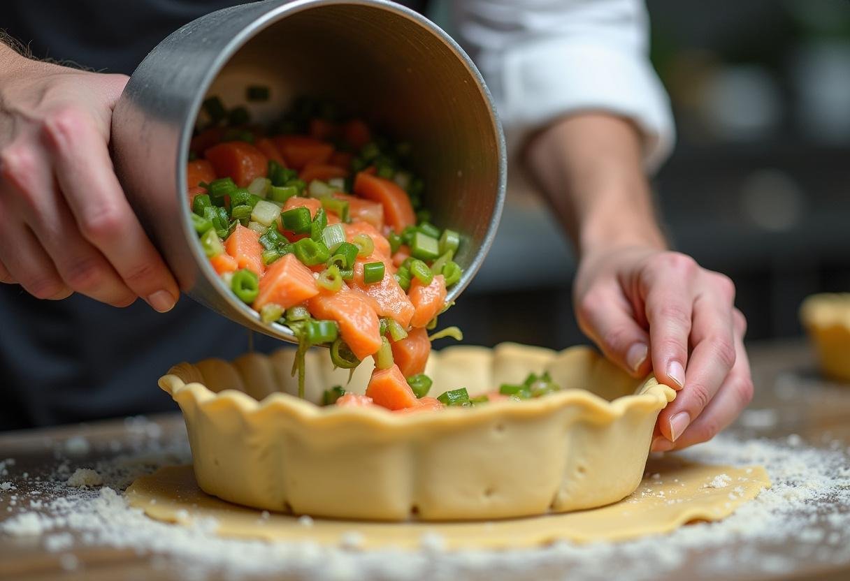Préparation de la tarte au saumon et poireaux, avec une pâte à tarte dans un plat et une garniture de poireaux et de saumon versée uniformément.