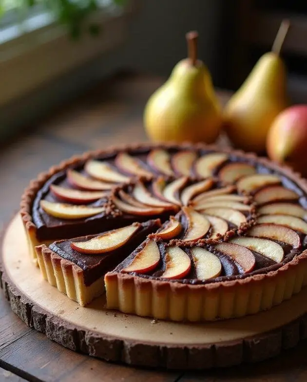 Tarte au chocolat et poire joliment présentée sur une table rustique, avec des couches parfaites de chocolat et de poire.