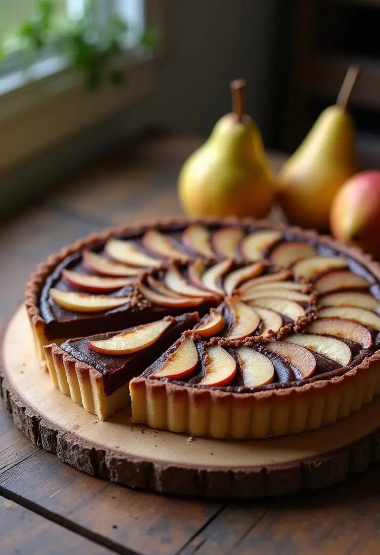 Tarte au chocolat et poire joliment présentée sur une table rustique, avec des couches parfaites de chocolat et de poire.