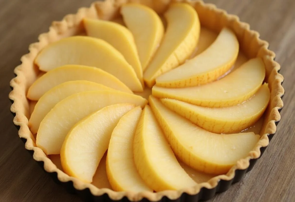 Disposition des poires tranchées sur une base de tarte au chocolat aux poires, créant une belle déformation.