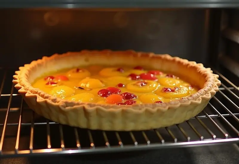 Tarte au chocolat et poire sortant du four, refroidissant sur une grille pour une texture parfaite.