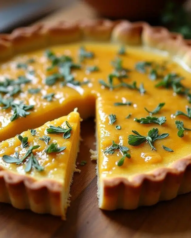 Tarte au chèvre et miel finie, présentée avec des herbes fraîches, la croûte dorée et prête à être dégustée.