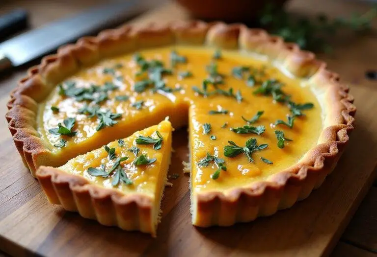 Tarte au chèvre et miel finie, présentée avec des herbes fraîches, la croûte dorée et prête à être dégustée.