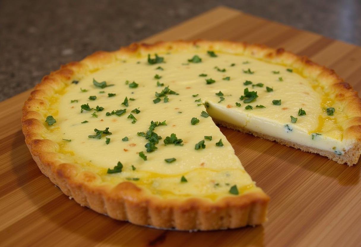 Tarte au chèvre et miel finie, présentée avec des herbes fraîches, la croûte dorée et prête à être dégustée.