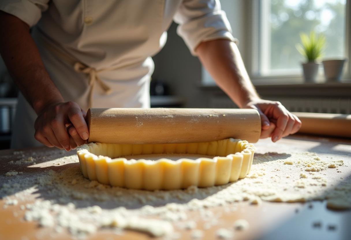 Le chef étale la pâte à tarte sur une surface fleurie pour la tarte au chèvre et miel, sous une belle lumière naturelle.
