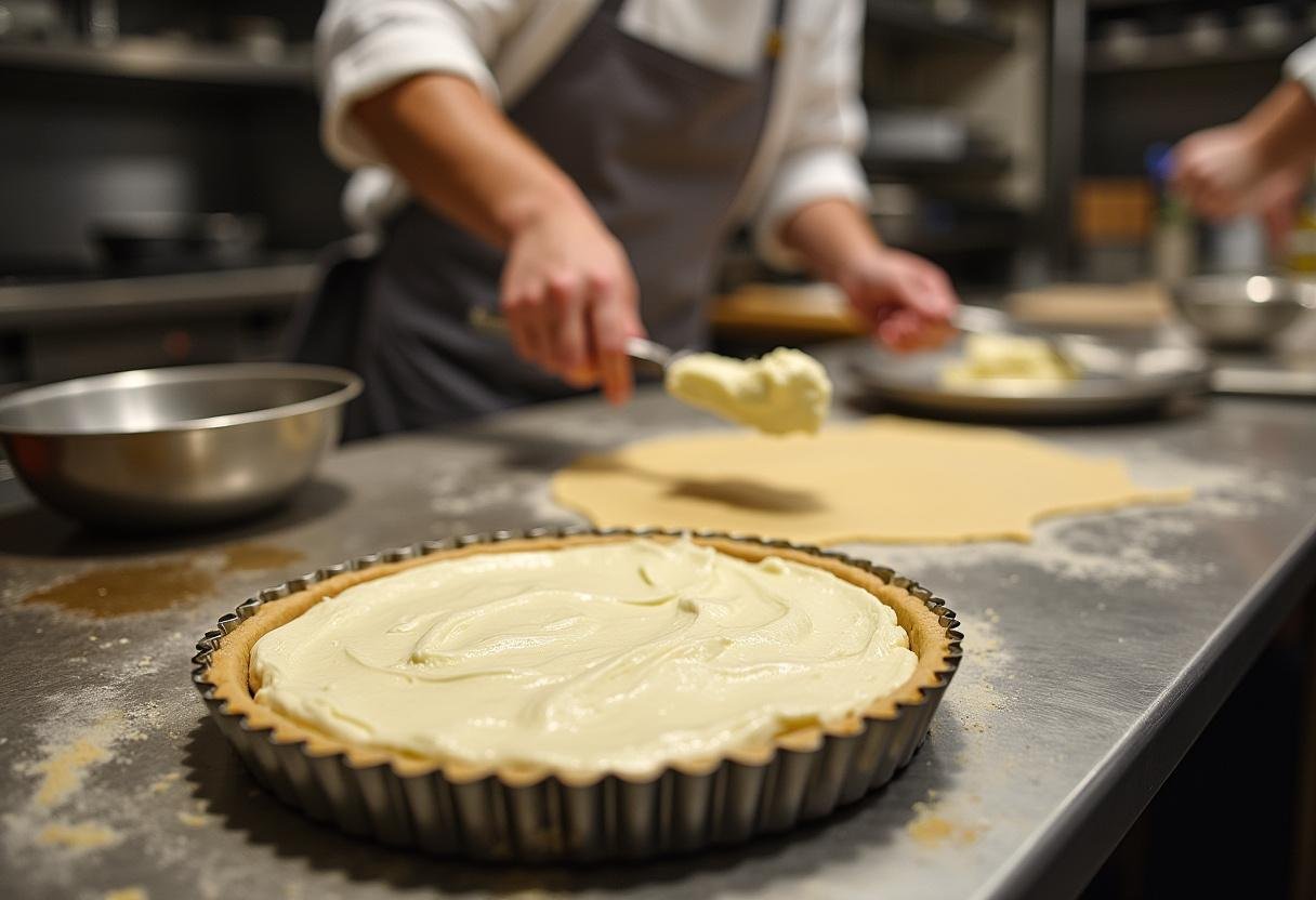 Le fromage de chèvre crémeux est étalé uniformément sur la croûte à tarte pour la tarte au chèvre et miel dans une cuisine animée.