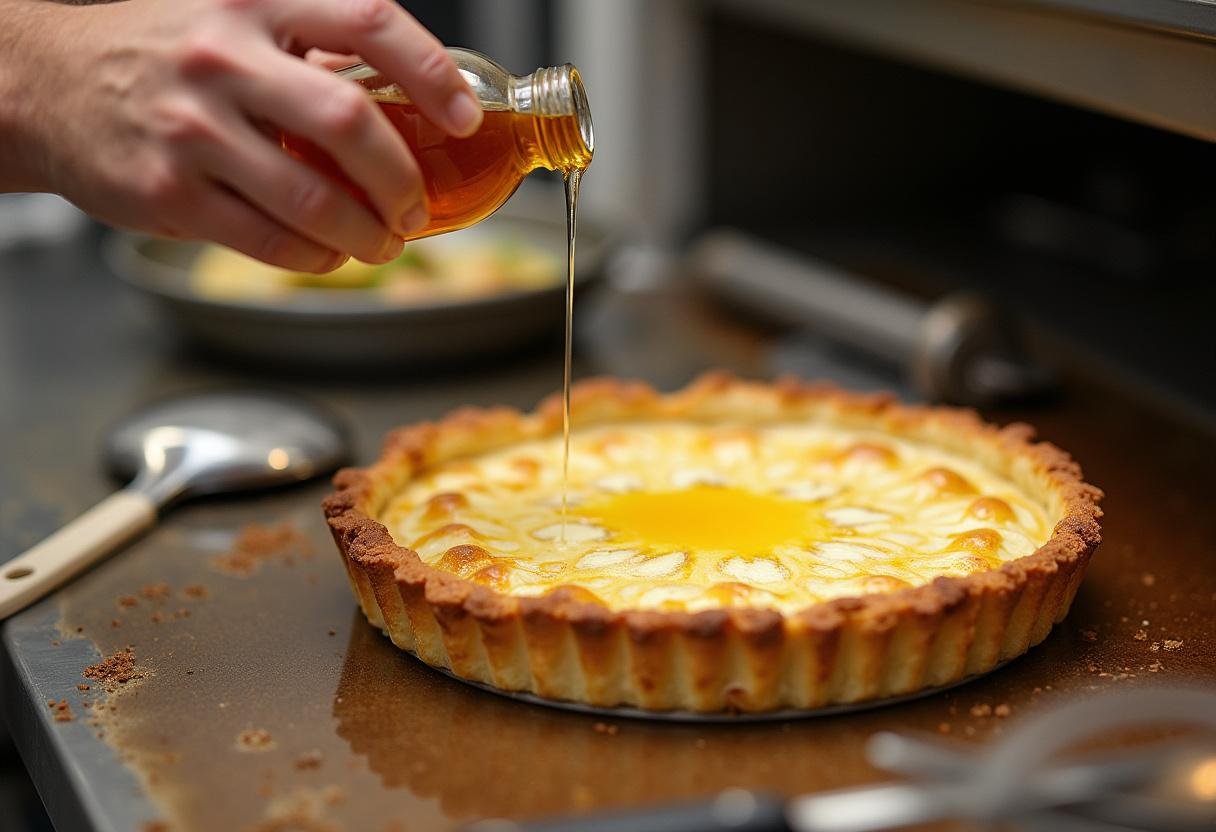 Un filet de miel est ajouté au fromage de chèvre dans la tarte au chèvre et miel, entouré d'ustensiles de cuisine prêts à cuire.