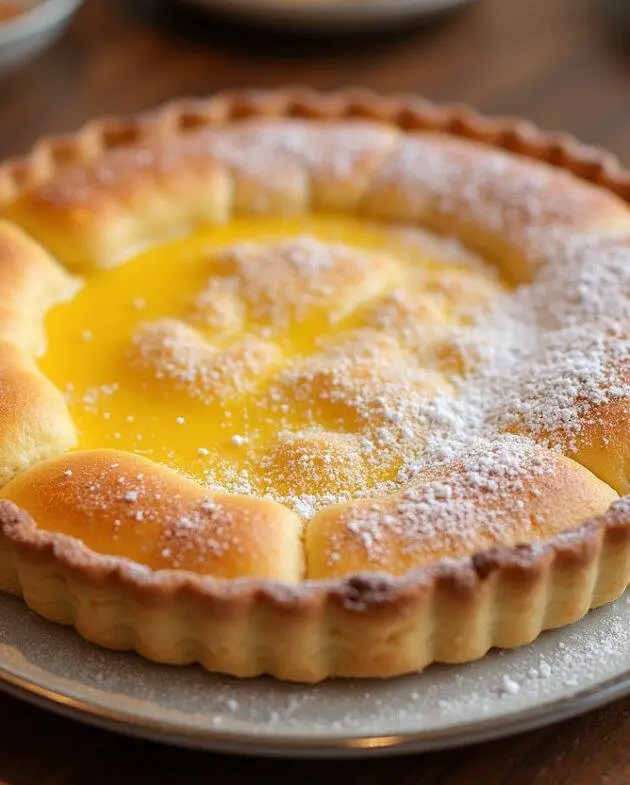 Tarte au sucre du Nord moelleuse parfaitement présentée avec une finition de sucre glace sur une table en bois.
