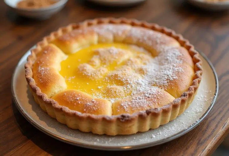 Tarte au sucre du Nord moelleuse parfaitement présentée avec une finition de sucre glace sur une table en bois.