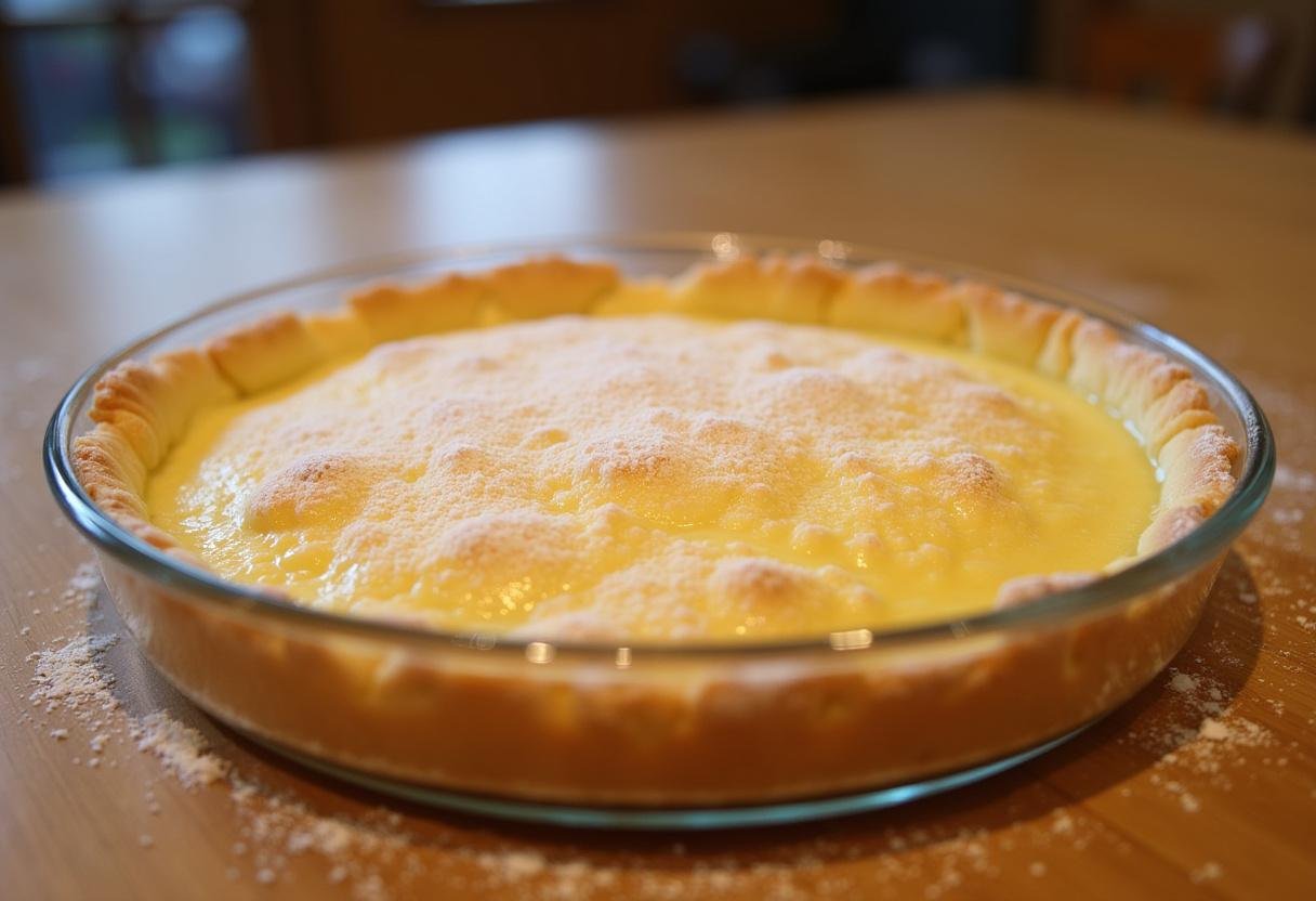 Tarte au sucre du Nord moelleuse parfaitement présentée avec une finition de sucre glace sur une table en bois.